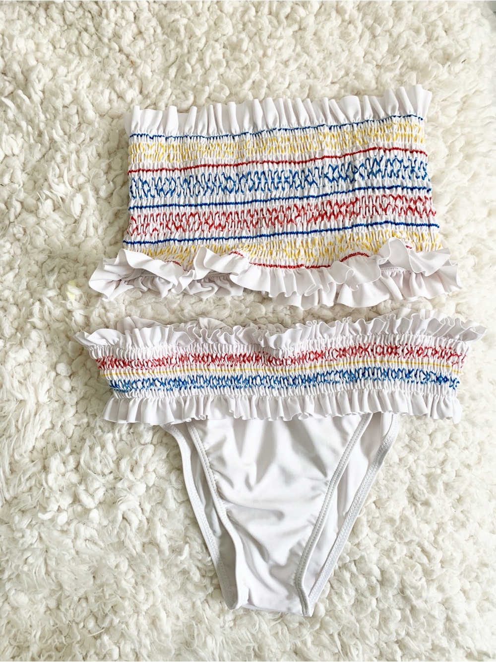 Women’s Smocked Bandeau Bikini Set Ruffles White Red Yellow Blue ZigZag